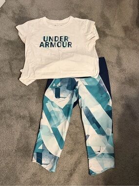 Under Armour White Tee with Teal & Navy Geometric Capris